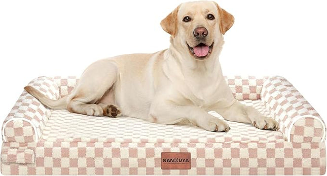 Large Dog Bed Orthopedic Washable: Beds Bolster XL Bed Large Big Dogs Egg Crate Foam Couch Sofa Waterproof with Removable Cover - Pink Grid