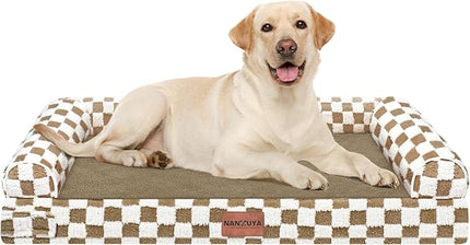 Large Dog Bed Orthopedic Washable: Beds Bolster XL Bed Large Big Dogs Egg Crate Foam Couch Sofa Waterproof with Removable Cover - Brown Grid
