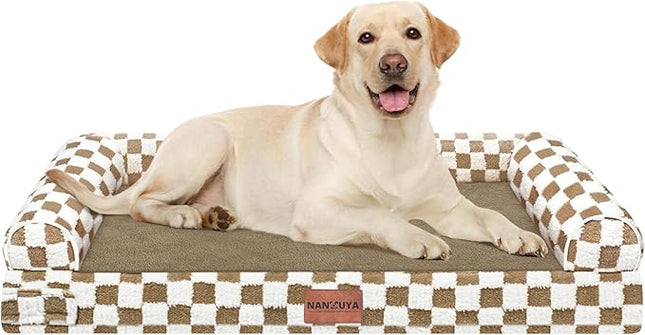 Large Dog Bed Orthopedic Washable: Beds Bolster XL Bed Large Big Dogs Egg Crate Foam Couch Sofa Waterproof with Removable Cover - Brown Grid