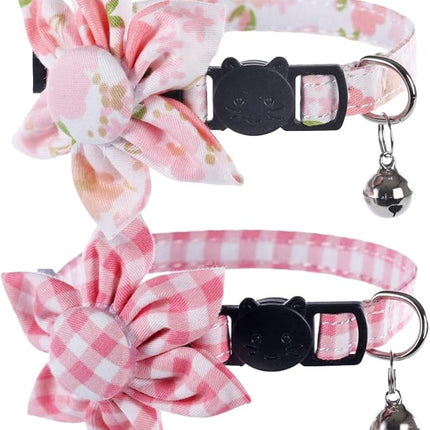 Cat Collar Breakaway with Cute Sunflower and Bell Plaid Flower for Kitty Adjustable Safety