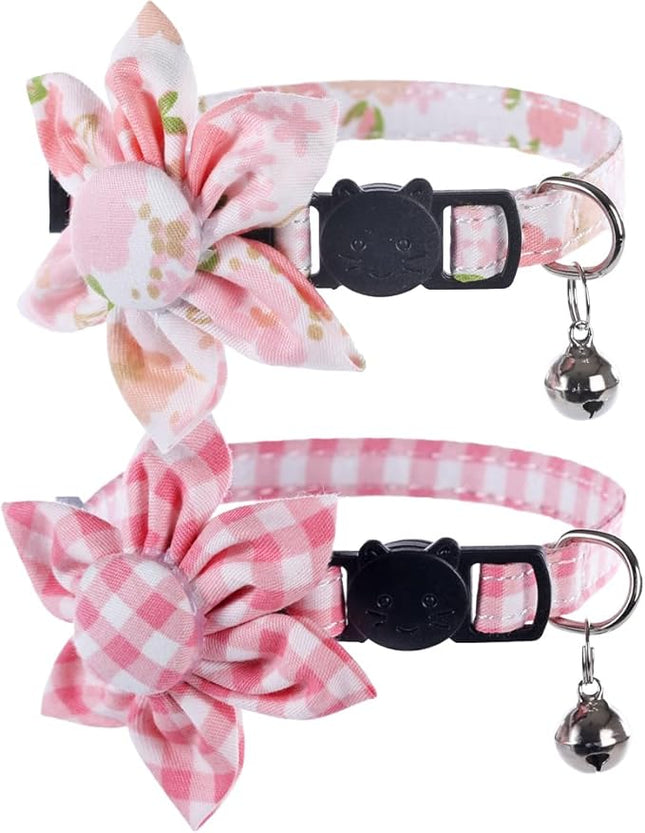 Cat Collar Breakaway with Cute Sunflower and Bell Plaid Flower for Kitty Adjustable Safety