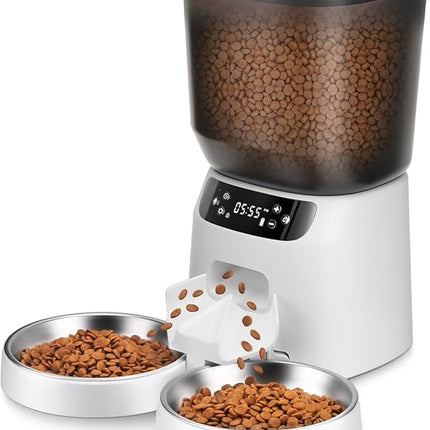 Automatic Cat Feeders for Two Cats, 5L/20 Cups Double Automatic Cat Food Dispenser with 2 Stainless Bowls, Timer Setting 20 Portions 6 Meals Per Day, 10s Meal Call, Pet Feeder for Dog (White)