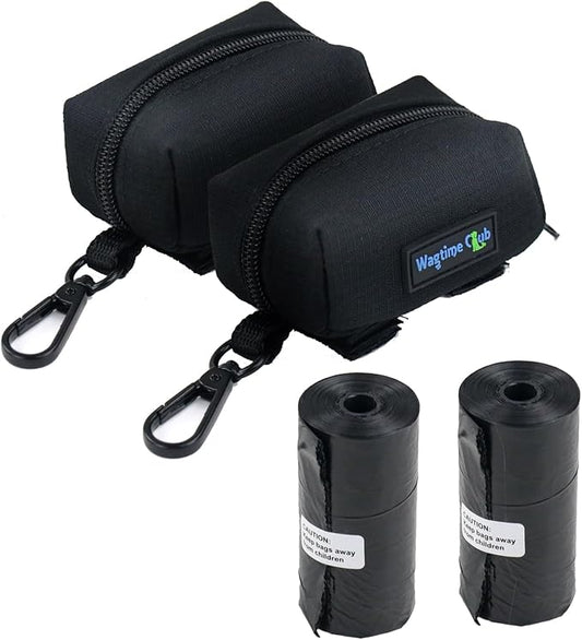 Wagtime Club 2 Pack Dog Poop Bag Holder for Leash Dog Waste Bag Dispenser Soft Fabric Puppy Potty Carrier Suitable for Any Leash with 2 Roll of Pet Trash bag, Black