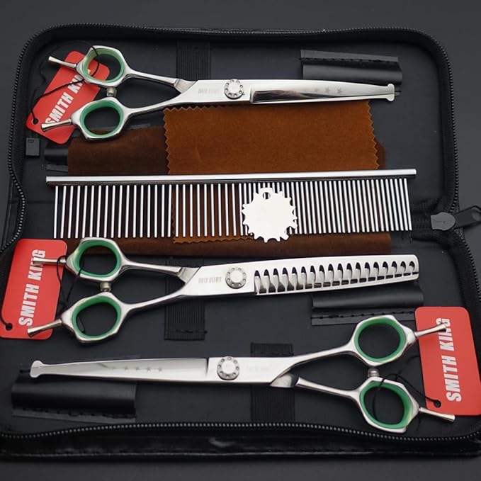 7 inches Safe Dog Grooming Scissors Set with Round Tip,Straight & Thinning & Curved Shears Set with comb for Dog & Cat Grooming (Green 3 in 1 with comb)