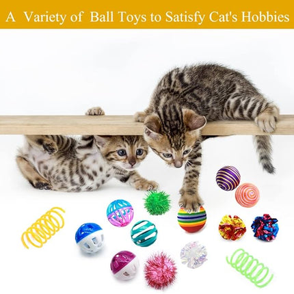 LASOCUHOO Cat Toys Kitten Assortment - Rainbow, Crinkle, Sparkle, Bell & Sisal Balls for All Cats - 30 Packs