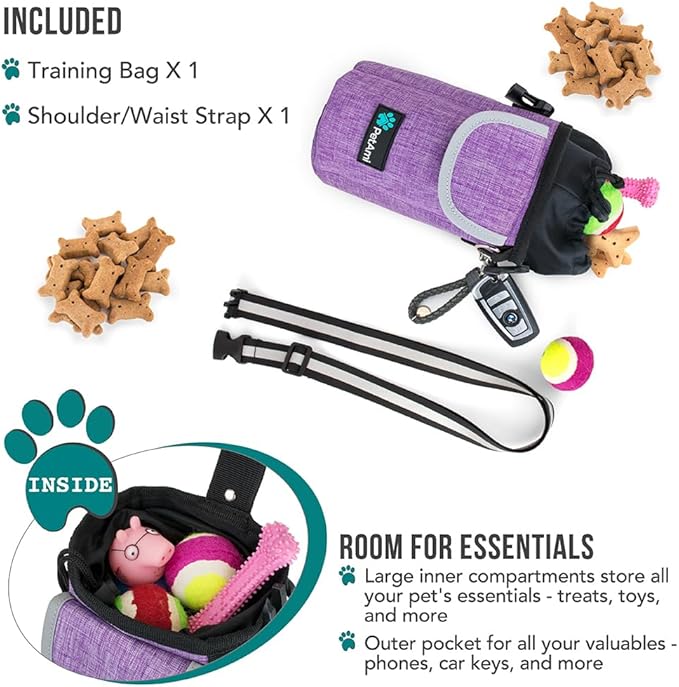 PetAmi Dog Treat Pouch, Large Pet Training Treat Pouch with Pocket, Dog Trainer Essentials Supply Holder with Poop Bag Dispenser, Training Bag for Kibbles Toys, 3 Ways to Wear (Purple)