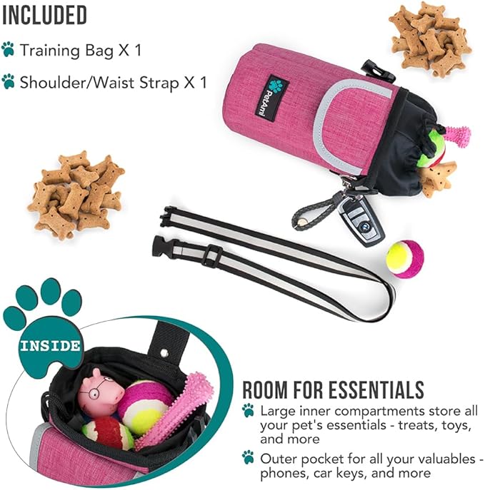 PetAmi Dog Treat Pouch, Large Pet Training Treat Pouch with Pocket, Dog Trainer Essentials Supply Holder with Poop Bag Dispenser, Training Bag for Kibbles Toys, 3 Ways to Wear (Pink)