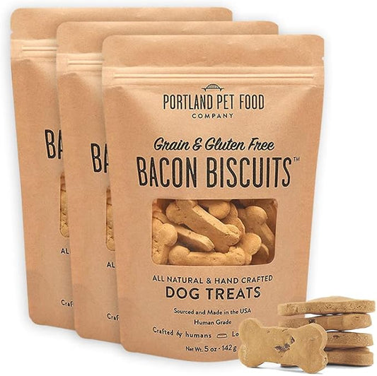 Portland Pet Food Company Bacon Dog Treats Healthy Biscuits for Large Medium & Small Dogs - Grain-Free, Human-Grade, All Natural Cookies, Snacks & Training Treats - Made in The USA - 3 Pack (5 oz)