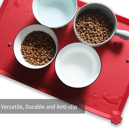 Hoki Found L Silicone Pet Food Mats Tray - Non Slip Pet Dog Cat Bowl Mats Placemat - Dog Pet Feeding Mat - Waterproof Dog Cat Food Mats -Pet Water Mats for Carpet - Classic red