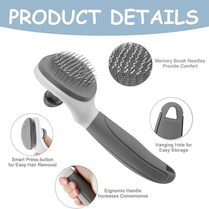 Cat Brushes for Indoor Cats, Dog Brush for Shedding with Metal Cat Comb, Self Cleaning Pet Hair Brush with Release Button for Grooming Kitten(Dark Grey)