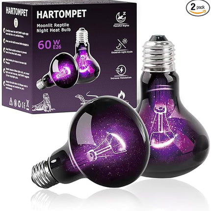 60W Reptile Night Light Bulb, UVA Heat Lamp - Simulate Natural Moonlight, Purple Basking Lamp for Bearded Dragon, Lizard