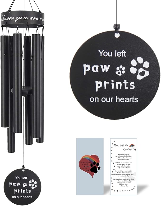 Pet Memorial Wind Chimes, 30 Inches Paw Print Pet Remembrance Gift to Honor and Remember a Dog, Cat, or Other Pet, Premium Metal Wind Chime, Black