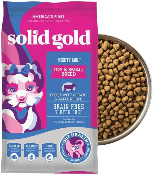 Solid Gold Toy & Small Breed Dry Dog Food Small Bites – Real Beef, Grain Free, Gluten Free, High Fiber Kibble with Probiotics for Gut Health & Digestion Support – Healthy Dog Food All Ages – 4LB