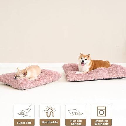 EHEYCIGA Fluffy Dog Bed, Plush Faux Fur Crate Pad, Calming Anti Anxiety Small Dog Bed, Washable Soft Warm Crate Mat with Non-Slip Bottom, Pink