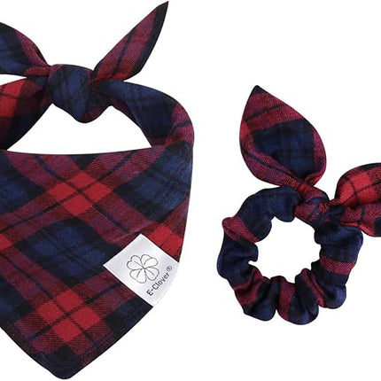 E-Clover Christmas Dog Bandanas & Matching Scrunchie Set Plaid Dog Scarf Bibs Pet Handkerchief for Small Dogs Puppy Owner Gifts Red Blue