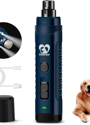 Casfuy Dog Nail Grinder with 2 LED Light - 4.8V Super Powerful 2-Speed Electric Pet Nail Trimmer for Medium Large Dogs Quiet Rechargeable Painless Paws Grooming & Smoothing Tool (Dark Blue)