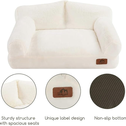 Hollypet Fluffy Plush Pet Cat Couch Soft Calming Pet Sofa Beds for Medium Small Cats and Dogs, White