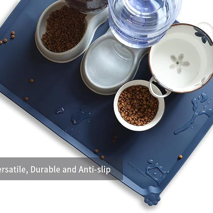 Hoki Found X-Large Silicone Pet Food Mats - Non Slip Dog Cat Bowl Placemats - Waterproof Dog Cat Food Mats - Suitable for Carpet - Indigo Ink