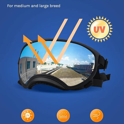 Large Dog Sunglasses, Dog Goggles Large Breed and Medium, UV Protection, Windproof, Dustproof and Snowproof. Shatterproof Lens, Adjustable Strap