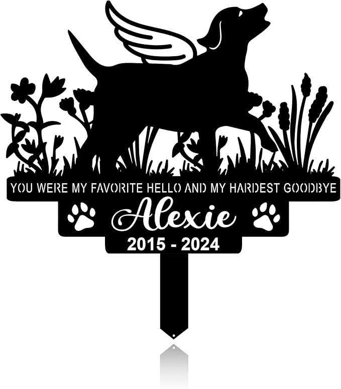 Personalized Dog Memorial Grave Marker, Custom Pet's Name Cemetery Decorations for Funerary, Metal Dog Burial Garden Stake, Outdoor Sympathy Angel Handstone Stake Plaque Gift for Loss