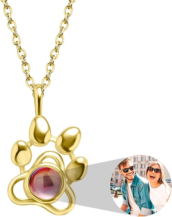 Personalized Picture Necklace with picture inside Custom Projection Necklace Cat/Dog Paw Print Pet Memorial Necklaces for Pet Lovers, Photo Gifts for Anniversary Dog Lovers