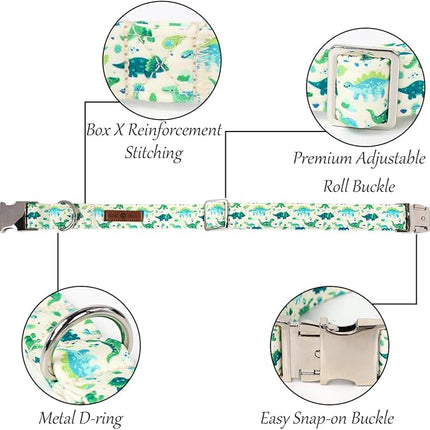 Lionet Paws Dinosaur Dog Collar with Bowtie, Cute Summer Beige Dog Collar for Girl for Large Dogs, Adjustable Cotton Pet Collars for Medium Large Dogs