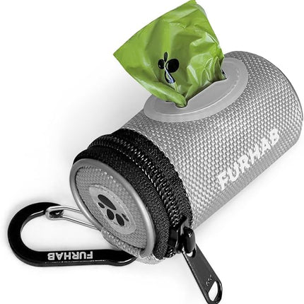 Glow Dog Poop Bag Holder for Leash Doggie Waste Bag Dispenser Puppy Potty Carrier Small Doggy Zipper Pouch with Carabiner Clip 1680D Nylon Oxford with 1 Roll of Pet Trash Bags, Silver