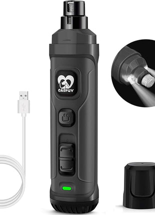 Casfuy Dog Nail Grinder with 2 LED Light - New Version 2-Speed Powerful Electric Pet Nail Trimmer Professional Quiet Painless Paws Grooming & Smoothing for Small Medium Large Dogs and Cats (Grey)