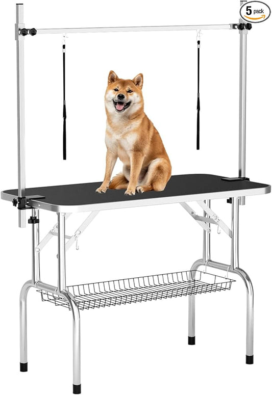 46'' Dog Grooming Table for Large Dogs, Foldable Professional Grooming Table for Dogs at Home with Double Loops/Mesh Tray/Adjustable Arm, Capacity up to 330lbs, Black