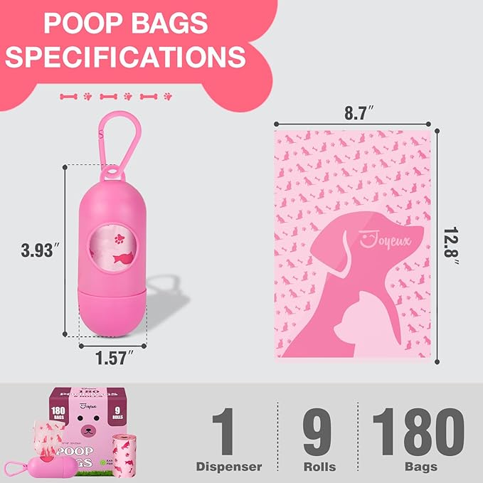 180 Count Dog Poop Bags Rolls with Dispenser, Leak Proof, Extra Thick Doggie Pet Waste Bags, Poop Bag and Doggy Holder for Dogs Cats, Unscented, Pink