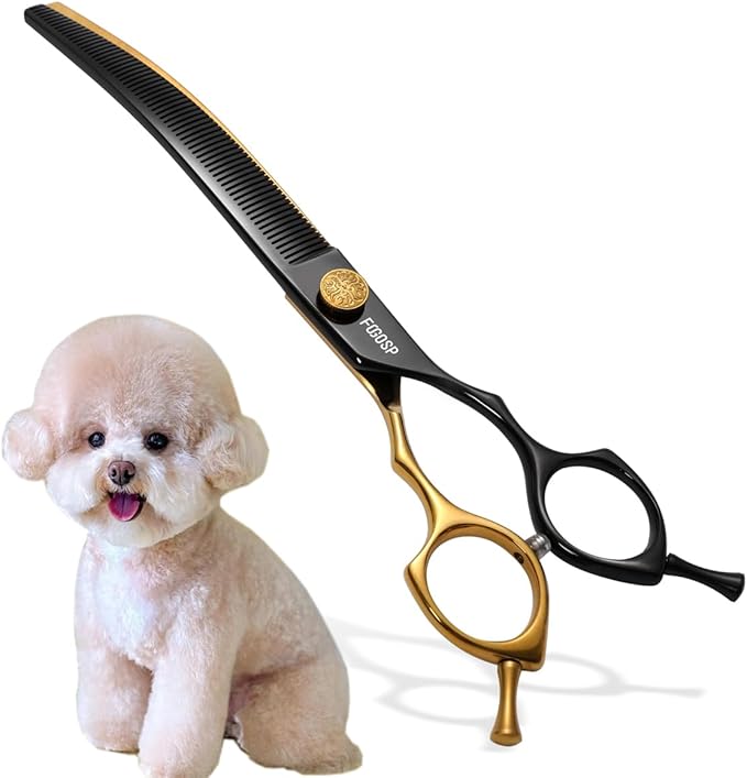 Curved Thinning Shears Dog Grooming 7.5 in Black & Gold Two Color Multipurpose Professional Dog Grooming Scissors for Large Pet 66 Teeth Japan 440C