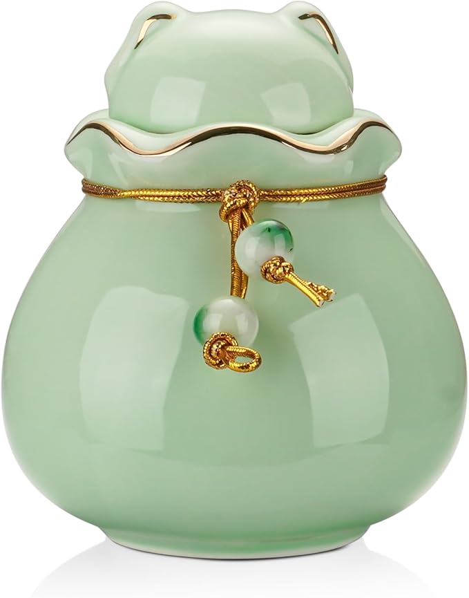 SOITIS Pet Memorial Urn for Cat or Dog Ashes - 3.54"x3.15" Elegant Ceramic Keepsake Holder with Cat-Shaped Lid & Gold Trim, Small Cyan Urn for Pet Ashes