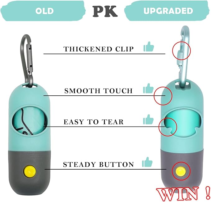 Dog Poop Bags Holder with LED Flashlight, 15 Crystal Blue Bags, 3 Accessories, 3 LR44 Batteries Included