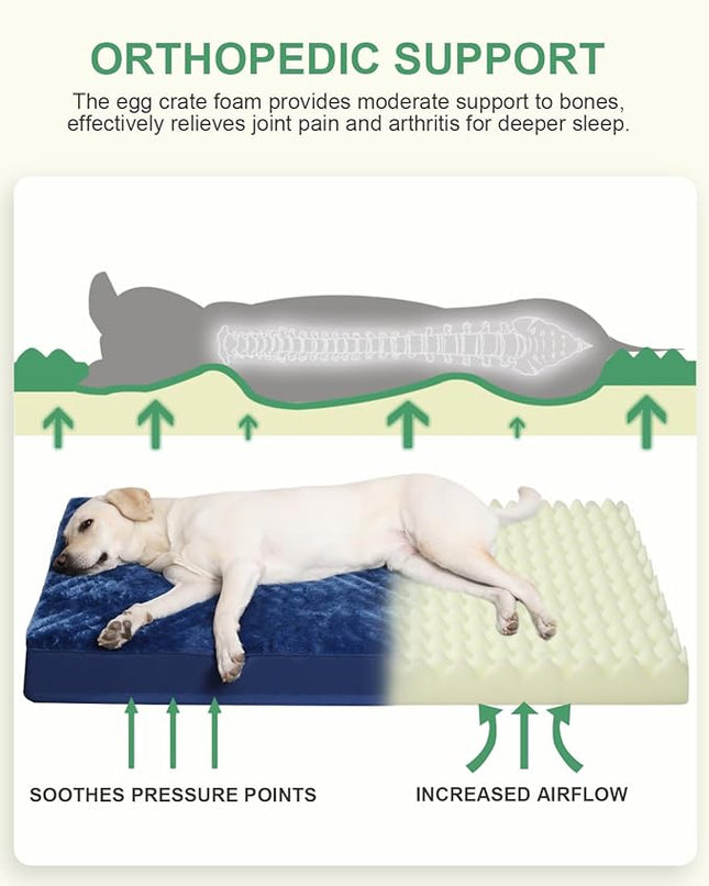 KSIIA Orthopedic Dog Crate Bed Waterproof Dog beds for Large Dogs Deluxe Plush Washable Pet Mat with Egg Crate Foam & Removable Cover, 35 x 22 Inch, Blue