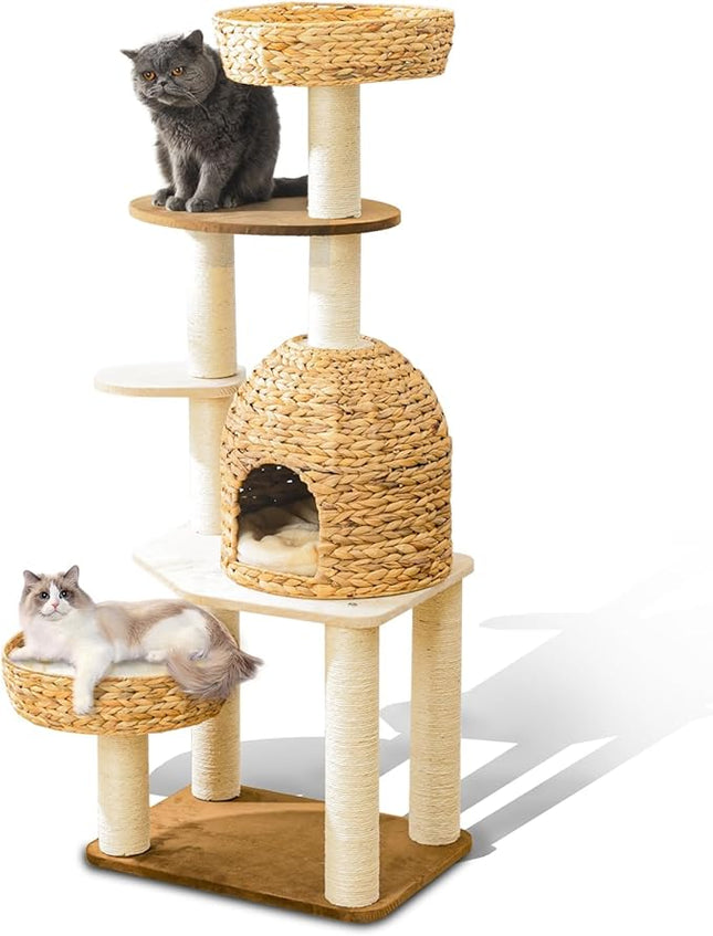 Large Wood Cat Tree Tower for Indoor Cats, Multi-Cats Scratching Post & Cat Condo with Handwoven Cat House Basket, Thick Sisal Posts, Modern Stable Cats Tower Furniture