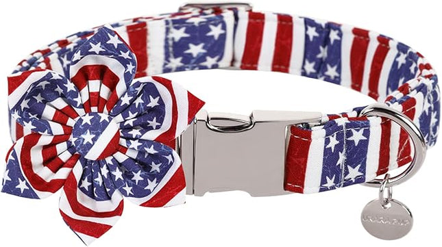 Dog Collar with Flower, 4th of July Comfortable Cotton Dog Collar, American Flag Collar for Large Girl Dog, Patriotic Flower Collar with Metal Buckle, L