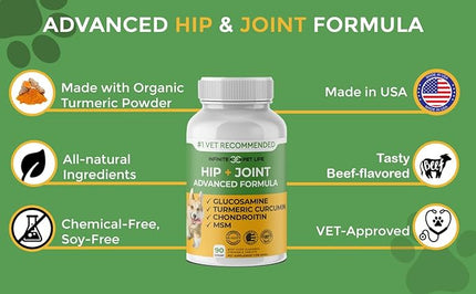 Advanced Hip and Joint Supplement for Dogs All Breeds - Glucosamine for Dogs Mobility & Pain Relief - All Natural Chondroitin, MSM & Turmeric Dog Joint Supplement - 90 Chewable Tablets