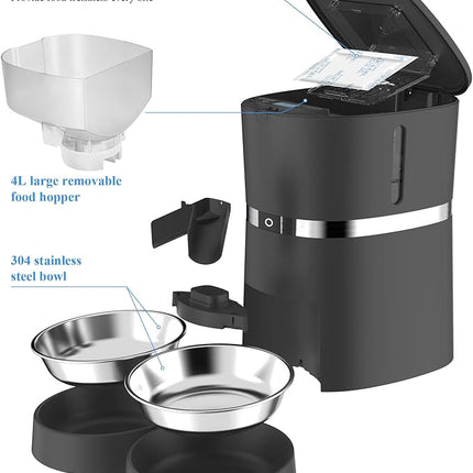 Automatic Cat Feeder, WellToBe Pet Feeder Food Dispenser for Cat & Small Dog with Two-Way Splitter and Double Bowls, up to 6 Meals with Portion Control, Voice Recorder - Battery and Plug-in Power