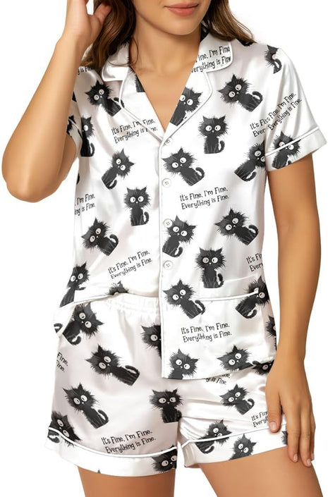 Women’s Silk Satin Pajama Set, Short Sleeve Button Down 2 Piece PJs with Shorts, Cozy Loungewear & Matching Holiday Pajamas