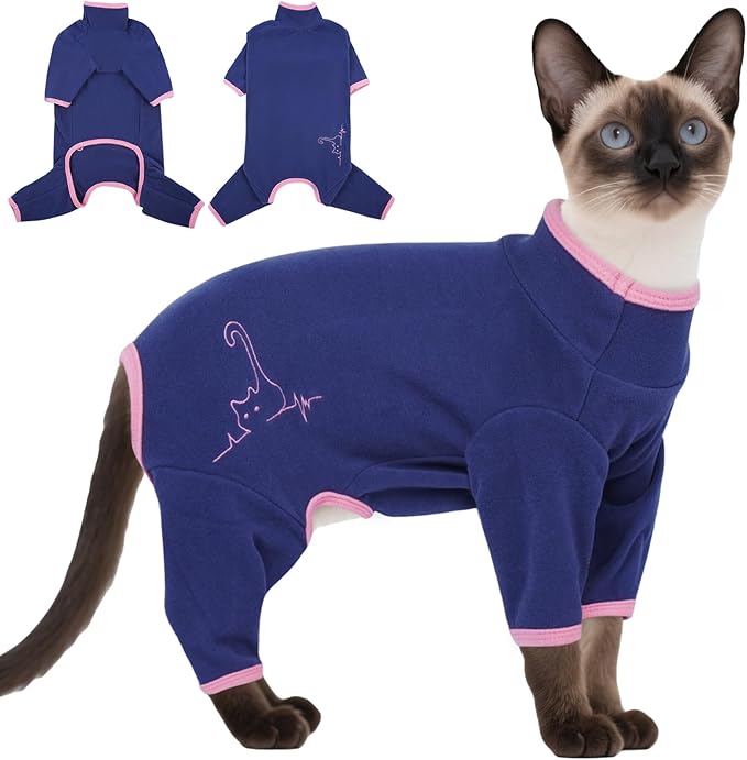 DENTRUN Cat Clothes for Hair Control with Hair Sticky Fabric - Soft Recovery Suit & Breathable Lint-Resistant Cat Sweater for Cats Only, Kitten Onesie Pajamas, S, Blue