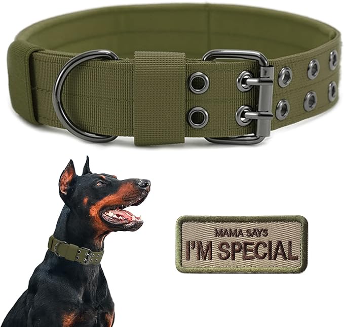 Tactical Dog Collar Military Adjustable Dog Collars Soft Nylon Training Collar with Patch Heavy Duty Metal Buckle Collars for Medium Large Dogs (Green, L)