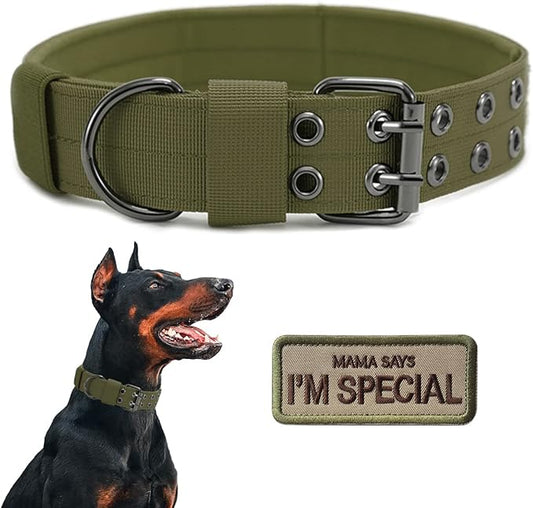 Tactical Dog Collar Military Adjustable Dog Collars Soft Nylon Training Collar with Patch Heavy Duty Metal Buckle Collars for Medium Large Dogs (Green, XL)