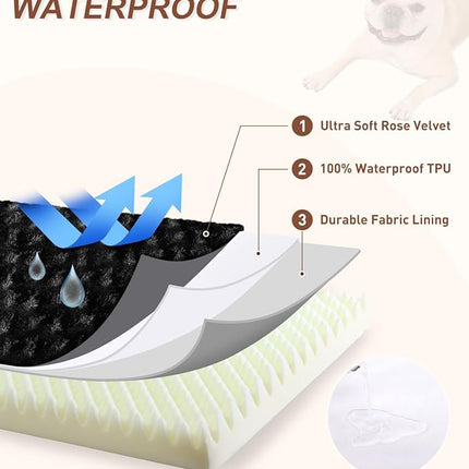 KSIIA Dog Crate Bed Waterproof Large Dog Bed Soft Rose Velvet Supportive Kennel Pad Egg Crate Foam with Removable Washable Cover & Non-Slip Bottom, 41 x 27 Inch, Black