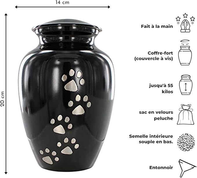 Trupoint Memorials Large Pet Urn for Dogs and Cats Ashes, Paws Print Black Cremation Urns for Pets up to 122 lbs