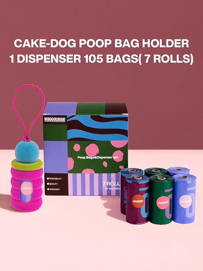 Dog Poop Bags with Dispenser, Leak Proof and Extra Thick Pet Waste Bags for Walking Dog and Cats Litter (Pink Fuzz-7 Rolls(105 Bags))