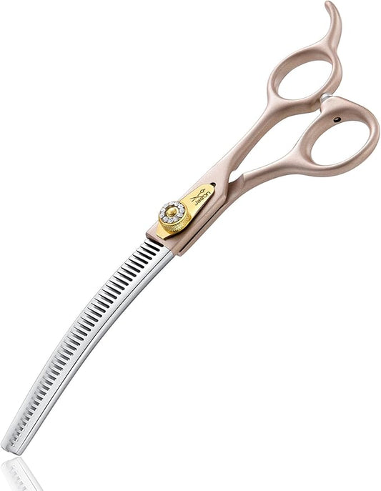 JASON Updated Curved Thinning Shears - 7” Professional Dog Grooming Scissors, 440C Stainless Steel, Adjustable Screws, 20%-25% Thinning Rate