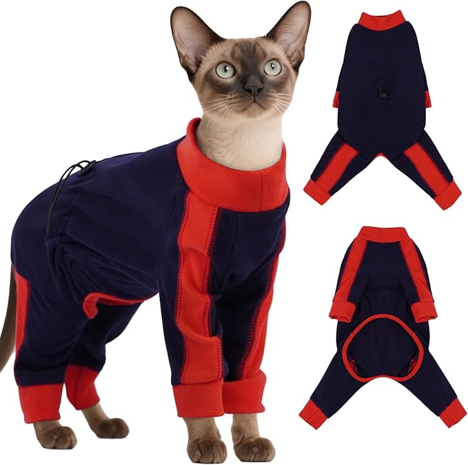 DENTRUN Cat Clothes with Anti-Shedding Fabric - Soft Recovery Suit & Breathable Lint-Resistant Cat Sweater for Wound Care & Hair Control, Kitten Onesie Pajamas, M, Dark Blue