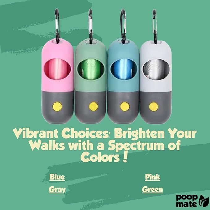 Dog Poop Bag Holder with Flashlight - Waste Bag Dispenser for Night Walks - Durable, Portable with Leash Clip & Carabiner - Includes 15 Dog Poop Bags - Gray