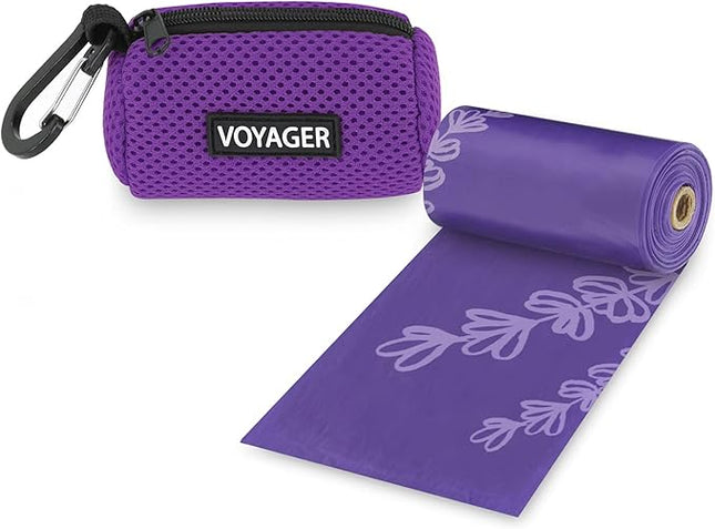 Best Pet Supplies Dog Poop Bag Holder Leash Attachment with 15 Bags, Purple, Reusable Mesh Dispenser Pouch for Travel, Walking, Park, and Outdoor Use, Soft and Durable with Clip-On