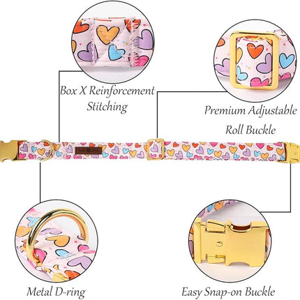 Lionet Paws Valentine's White Dog Collar, Cute Heart Dog Collar for Small Dogs, Adjustable Cotton Pet Puppy Collars for Small Dogs